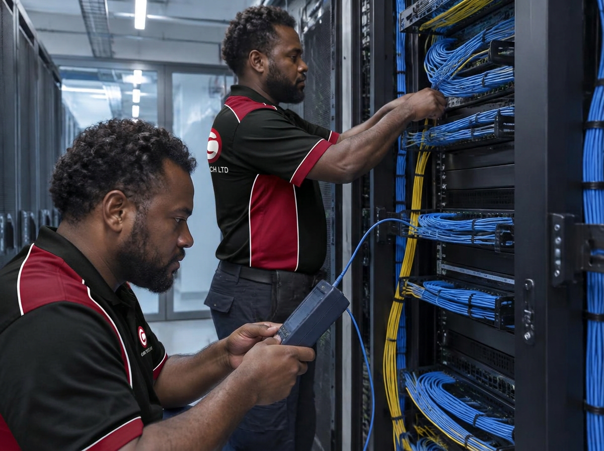 Black network technicians installing and testing structured cabling at a patch panel