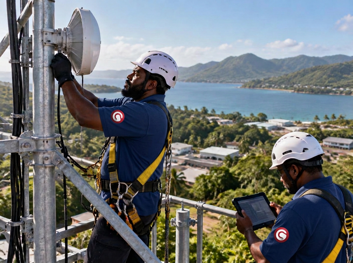 Black field technicians aligning a point-to-point wireless link on a communications mast