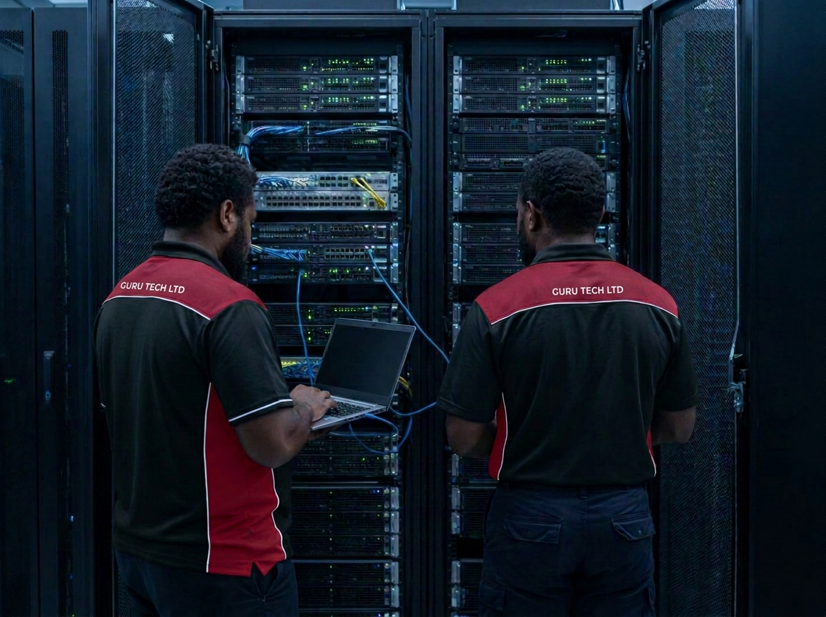 Two Black ICT technicians viewed from behind while connecting laptops to firewall equipment in a data centre